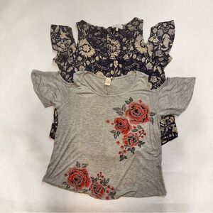 Lucky Brand Paper Crane Size S Women's 2 Shirts Floral Cotton Bland